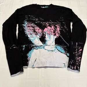 Vtg Y2K Joy Divizn Graphic Black Sweater with Pink and Blue Design